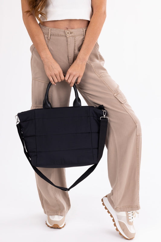 Black Nylon Tote Bag with Faux Leather Handles