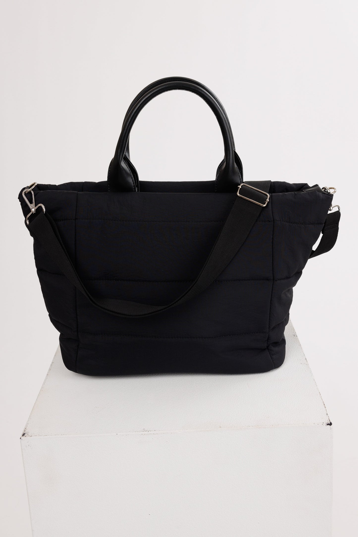 Black Nylon Tote Bag with Faux Leather Handles