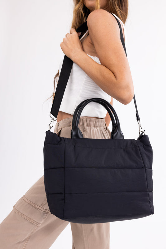 Black Nylon Tote Bag with Faux Leather Handles