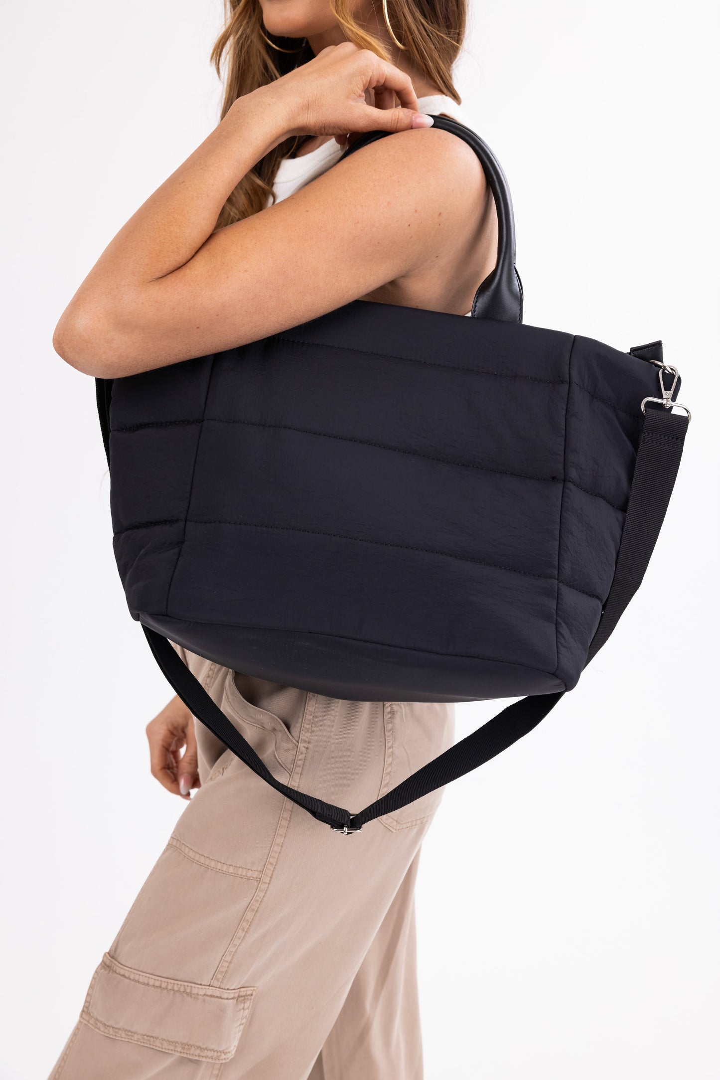 Black Nylon Tote Bag with Faux Leather Handles