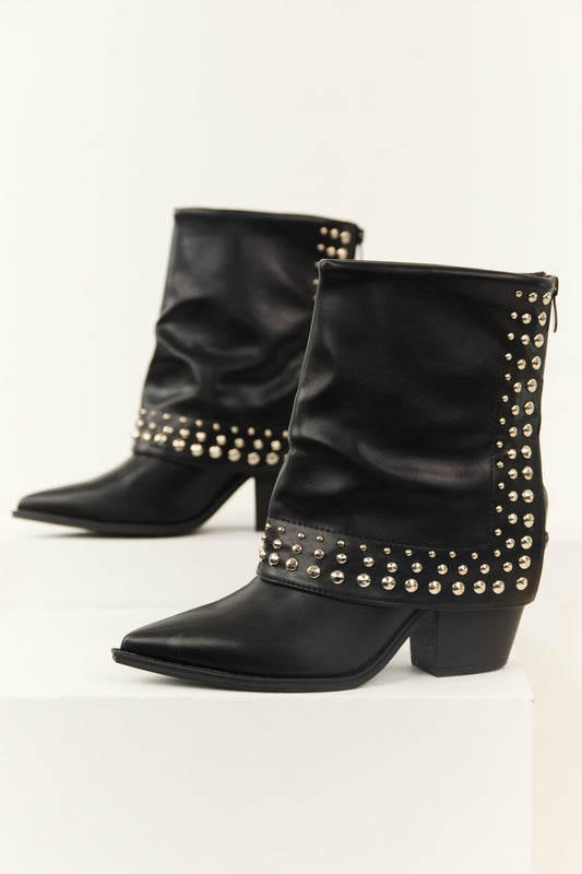 Black Faux Leather Studded Fold Over Boots