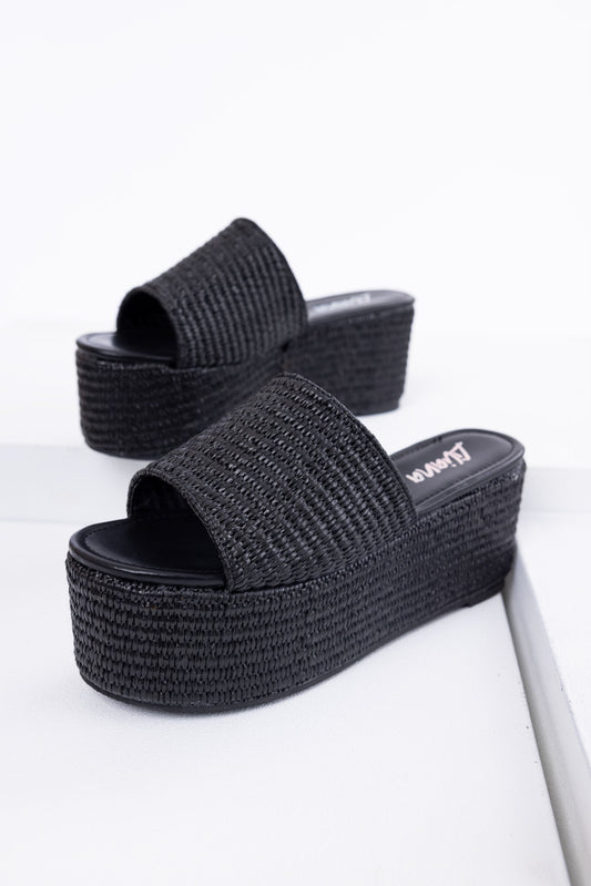 Black Raffia Woven Platform Slide Sandals