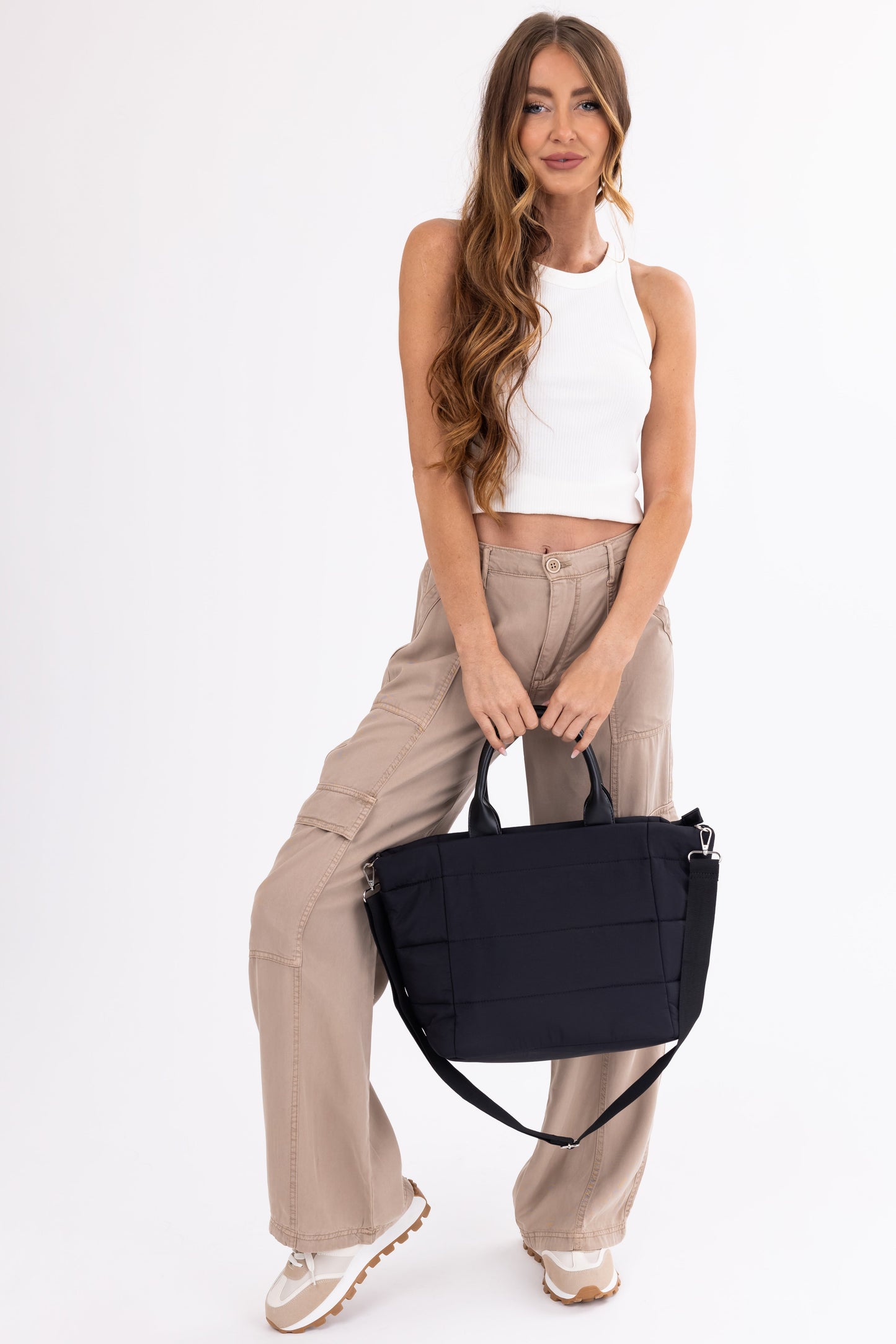 Black Nylon Tote Bag with Faux Leather Handles